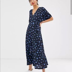 Whistles Exclusive Wrap Floral Midi Dress, Navy Blue